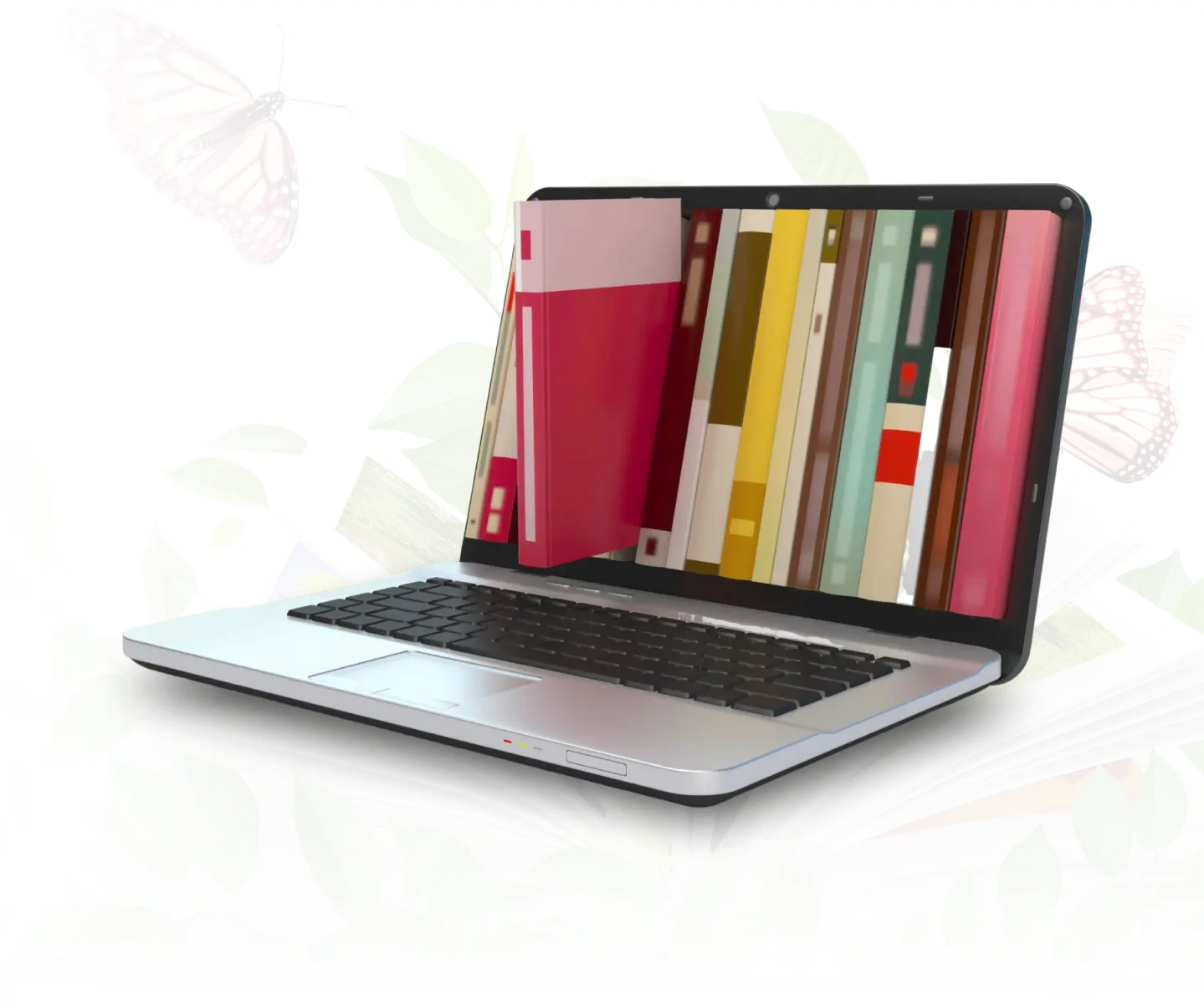 Laptop displaying colorful books on screen.